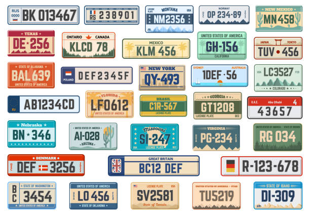 автомобильные номерные знаки. автомобильные номерные знаки, американские, азиатские и европейские автомобильные номера вектор иллюстраци - license plate stock illustrations