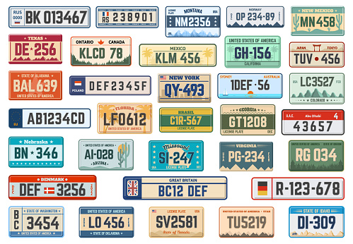 Vehicle registration plates. Car license plates, american, asian and european automobile license numbers vector illustration set. Transport metal signs car license usa, asian japan registration
