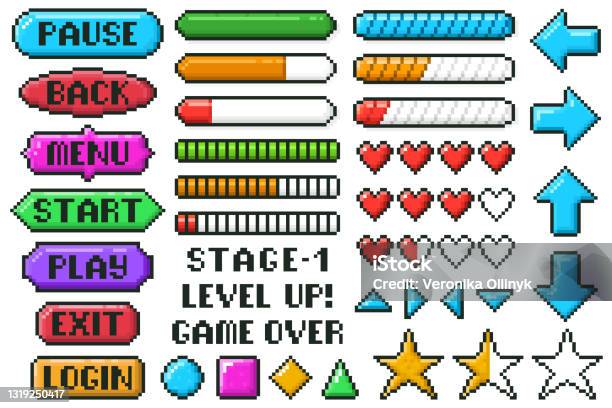 Pixel Game Menu Buttons Game 8 Bit Ui Controller Arrows Level And Live Bars Menu Stop Play Buttons Vector Illustration Set Gaming Menu Buttons Stock Illustration - Download Image Now