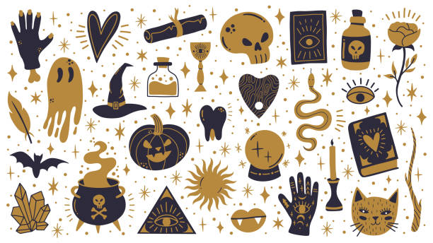 hexe halloween-symbole. doodle hexerei gruselige elemente, magische kessel, schädel und kürbis vektor illustration set. gruselige halloween hexerei ikonen - gegenstand für magie und zauberei stock-grafiken, -clipart, -cartoons und -symbole