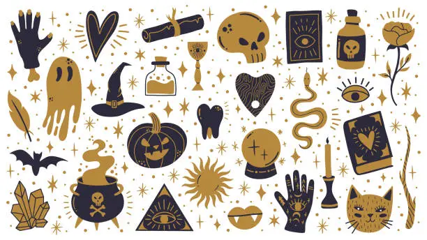 Vector illustration of Witch halloween symbols. Doodle witchcraft spooky elements, magic cauldron, skull and pumpkin vector illustration set. Spooky halloween witchcraft icons