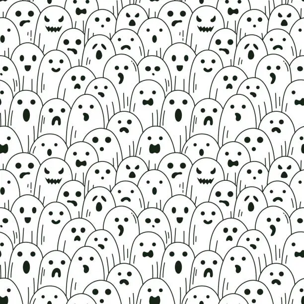 Vector illustration of Halloween ghost pattern. Spooky halloween linear ghosts, scary phantom with frightening faces vector background illustration. Ghost seamless pattern