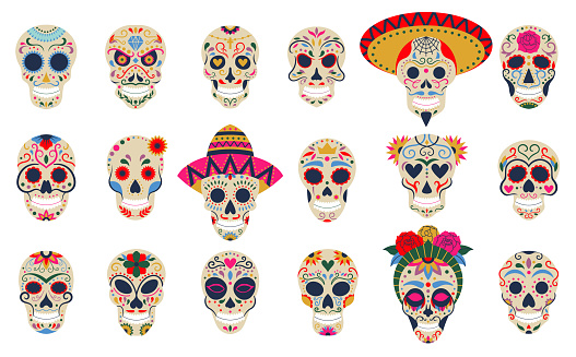 Dia de los muertos skulls. Day of the dead festival skulls, floral sugar human head bones vector symbols set. Mexican death holiday decoration. Skeleton holiday mexican, culture dia de los muertos