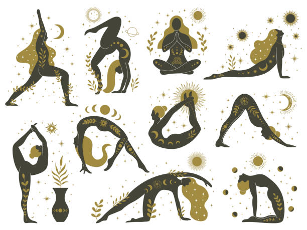 Magical yoga women. Mystical esoteric female silhouettes, minimalist meditating girls vector illustrations set. Yoga feminine contemporary concept Magical yoga women. Mystical esoteric female silhouettes, minimalist meditating girls vector illustrations set. Yoga feminine contemporary. Spiritual woman yoga, goddess mystic and magic esoteric woman tattoos stock illustrations