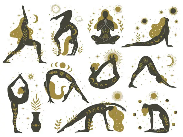 Vector illustration of Magical yoga women. Mystical esoteric female silhouettes, minimalist meditating girls vector illustrations set. Yoga feminine contemporary concept
