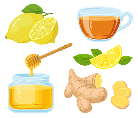 Natural cough remedies. Honey, vitamin c lemon, hot tea and chopped ginger root cartoon vector illustration set. Natural medicine remedies. Lemon and ginger, healthy tea and natural honey