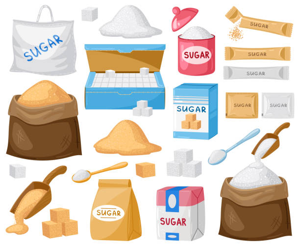 ilustraciones, imágenes clip art, dibujos animados e iconos de stock de azúcar de dibujos animados. azúcar de cubo, azúcar granulada y cristalina, azúcar en bolsas de lona y envases de cartón conjunto de ilustración vectorial. símbolos de dibujos animados de azúcar - azúcar