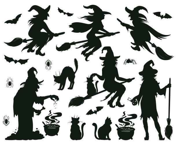 illustrations, cliparts, dessins animés et icônes de silhouettes de sorcière d’halloween. dames magiques de sorcière avec le manche à balai, les chapeaux et les chauves-souris, sorcières effrayantes faisant l’ensemble magique d’illustration de vecteur. silhouettes femelles de magiciens - wizard magic broom stick