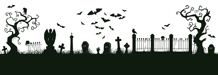Halloween nightmare landscape. Cartoon spooky halloween cemetery landscape vector background illustration. Creepy halloween graveyard view silhouette. Halloween nightmare landscape silhouette