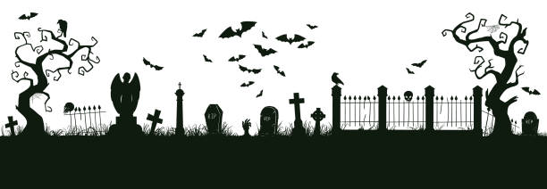 Halloween nightmare landscape. Cartoon spooky halloween cemetery landscape vector background illustration. Creepy halloween graveyard view silhouette Halloween nightmare landscape. Cartoon spooky halloween cemetery landscape vector background illustration. Creepy halloween graveyard view silhouette. Halloween nightmare landscape silhouette damaged fence stock illustrations