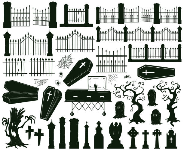 ilustraciones, imágenes clip art, dibujos animados e iconos de stock de siluetas de cementerio de halloween. espeluznantes lápidas, lápidas y vallas de miedo conjunto de ilustración vectorial. siluetas espeluznantes del cementerio de halloween - gothic style horror cemetery spooky