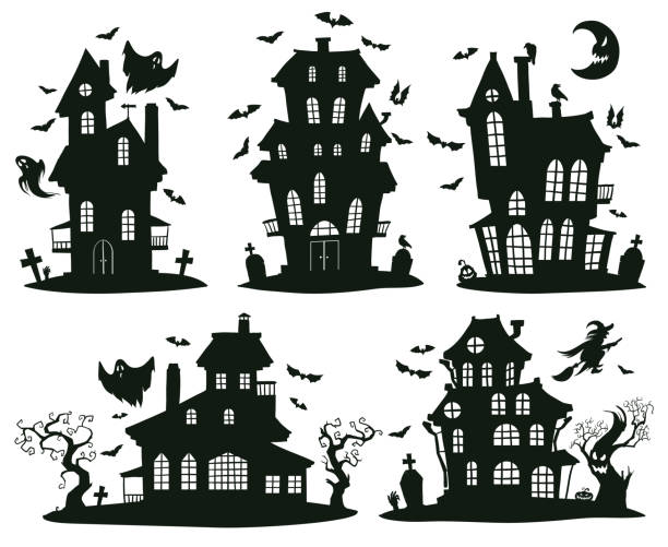 cadılar bayramı perili evler. karikatür ürkütücü cadılar bayramı hayalet kaleler, canavarlar evler izole vektör sembolleri seti. ürpertici cadılar bayramı perili evler - haunted house stock illustrations