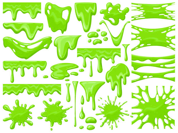 만화 점액 떨어지는. 녹색 끈적 끈적한 외계인 점액 방울, 으스스한 할로윈 독성 점액 떨어지는 벡터 일러스트 세트. 떨어지는 녹색 만화 점액 - blob paint slimy splattered stock illustrations