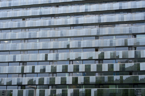 Looking up view of office building, Tokyo