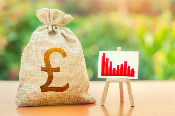 istock British pound sterling money bag and easel with red negative growth graph chart. Economic stagnation and recession. Negative reactions to economies and currencies to external factors and new sanctions 1319254338