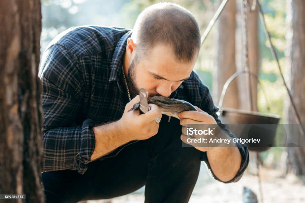 A man with a knife cuts fish in forest Animal Scale Stock Photo