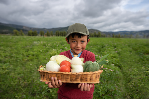 Portrait of a Happy Latin American boy carrying a basket of vegetables at his farm and looking at the camera smiling â sustainable lifestyle concepts