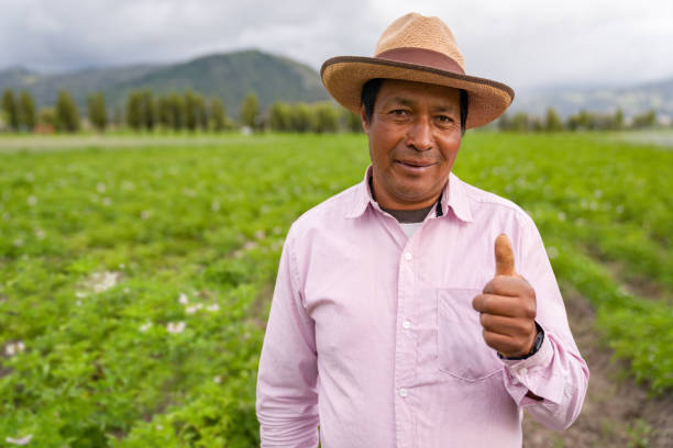 agricultor latinoamericano con los pulgares hacia arriba mientras trabaja en una granja - developing countries small business india owner fotografías e imágenes de stock