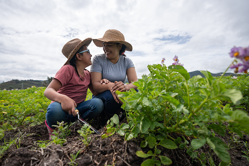 Happy Latin American Mother and daughter harvesting the land together at a farm and smiling to each other â agricultural lifestyle concepts