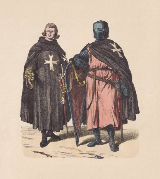 12th-13th century, Order of St. John, Knights, hand-colored woodcut, c.1880 12th to 13th century: Knights of the Order of St. John. Hand colored wood engraving, published c. 1880. knights of malta stock illustrations