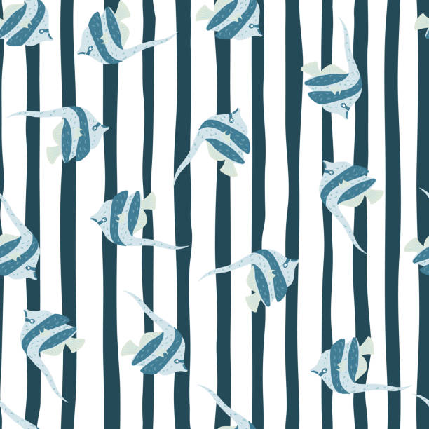 ilustrações de stock, clip art, desenhos animados e ícones de blue random imperial angelfish seamless pattern in hand drawn stylistic. white striped background. - imperial angelfish