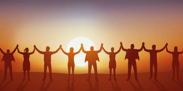ilustrações de stock, clip art, desenhos animados e ícones de a group forms a human chain by reaching out to each other. - people in a row group of people in a row togetherness