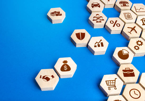 istock Hexagonal shapes with business attributes are collected into a single structure. The recipe for a successful business model. Make a new company. Management and development. Turquoise paradigm 1319261059