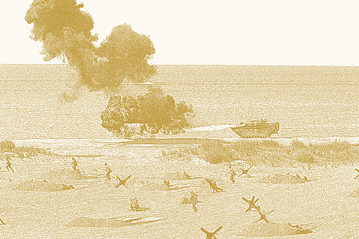WWII battlefield, Omaha Beach. Normandy invasion. Flamethrower.