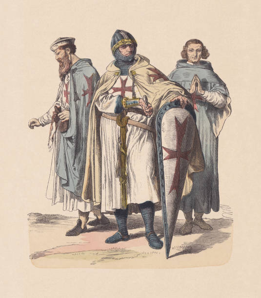 12th-13th century, Knights Templar, hand-colored wood engraving, published ca. 1880 12th to 13th century: Knights Templar. Catholic military order. Hand colored wood engraving, published c. 1880. knights templar symbols stock illustrations