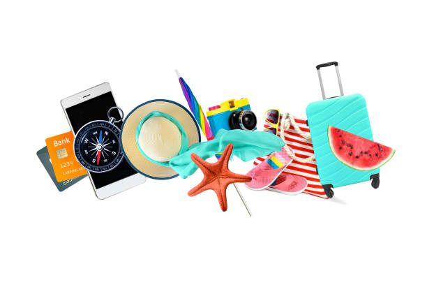 Leisure and travel accessories collage isolated on a white background.