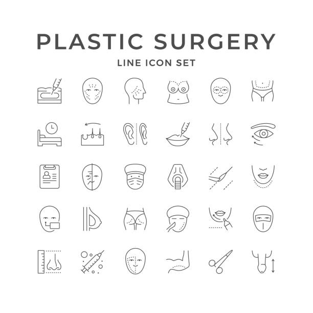 illustrazioni stock, clip art, cartoni animati e icone di tendenza di impostare le icone di linea della chirurgia plastica - nose job illustrations
