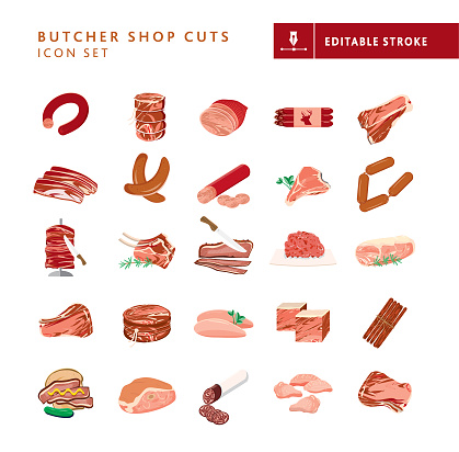 Vector illustration of a set of Butcher shop meat cuts, pork, chicken, beef, venison lamb cuts and smoked meats on white background. Fully editable vector artwork. Includes vector eps and high resolution jpg in download.