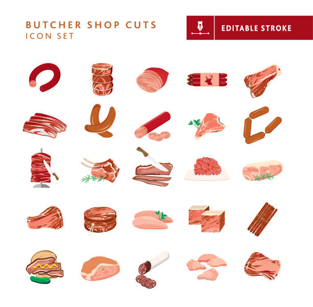 Butcher shop meat cuts, pork, chicken, beef, venison lamb cuts and smoked meats icon set on white background Vector illustration of a set of Butcher shop meat cuts, pork, chicken, beef, venison lamb cuts and smoked meats on white background. Fully editable vector artwork. Includes vector eps and high resolution jpg in download. meat drawings stock illustrations