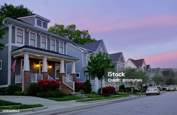 New Homes On A Quiet Street In Raleigh Nc Stock Photo - Download Image Now - Residential District, Real Estate, Residential Building