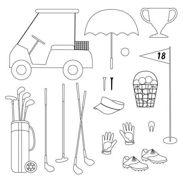 illustrazioni stock, clip art, cartoni animati e icone di tendenza di golf attrezzatura black outline francobolli digitali - outline cart golf golf course