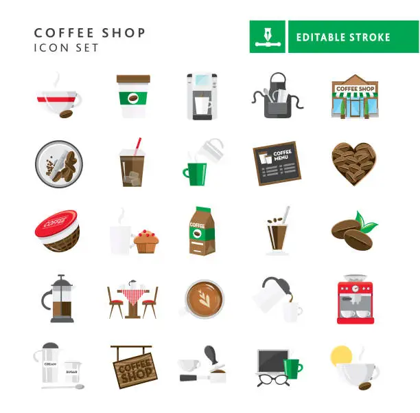 Vector illustration of Coffee Flat Design themed Icon set on white background