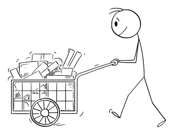 Vector illustration of Person Pushing Full Handcart With Boxes or Purchase, Vector Cartoon Stick Figure Illustration