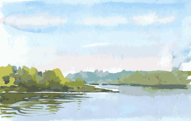 ilustrações, clipart, desenhos animados e ícones de paisagem de aquarela vetorial de mornig de verão à beira do lago - lake