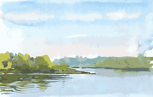 Vector watercolor landscape of summer mornig on lakeside.