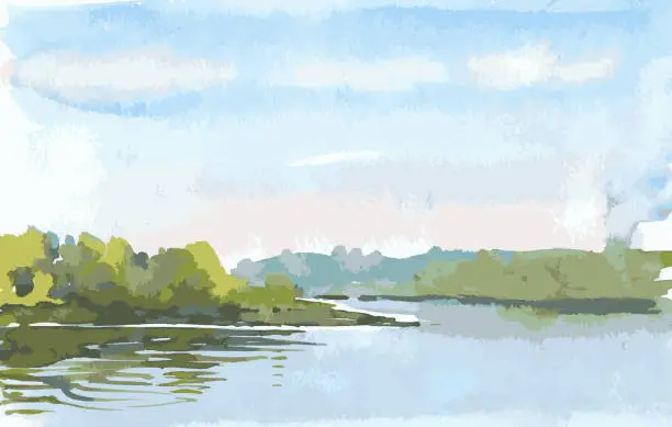 Vector illustration of Vector watercolor landscape of summer mornig on lakeside