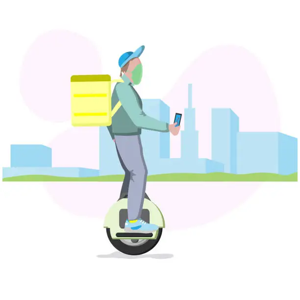 Vector illustration of Food delivery man with yellow backpack on his back on a unicycle