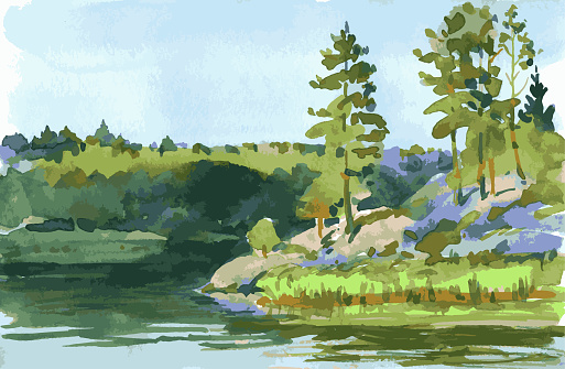 Vector watercolor landscape of riverside with pine tress in summer.