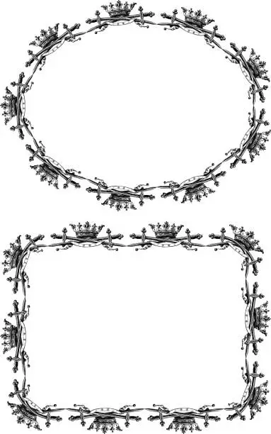 Vector illustration of Vector borders from sketches of vintage symbols power crown and swords