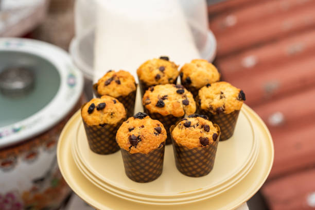 Homemade chocolate chip and raisin muffins in paper cup.