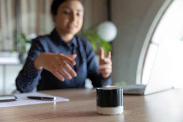 istock Close up of wireless mobile speaker gadget in office 1319284398
