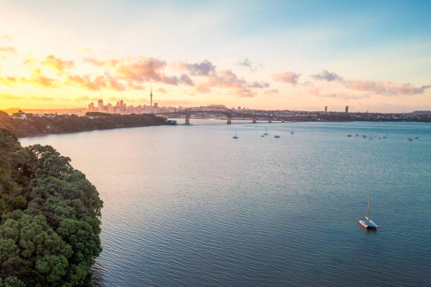 Dawn view of Auckland A view across Waitemata Harbour, looking towards Auckland's Harbour Bridge and the city's skyline with the Sky Tower. Waitemata Harbor stock pictures, royalty-free photos & images