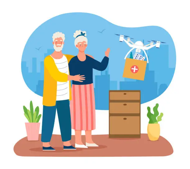 Vector illustration of Elderly couple waiting for medicine drone delivery