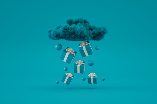 3d rendering falling gift boxes from the cloud. Christmas, Party, Birthday concept.