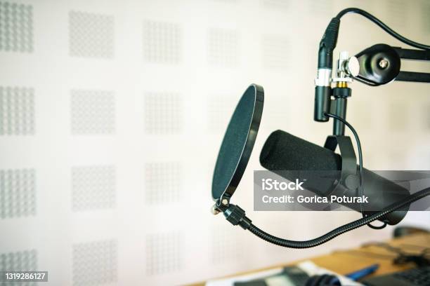 Radio Station Microphone In Recording Studio Or Broadcast Room Working Place Of Radio Host Close Up Stock Photo - Download Image Now
