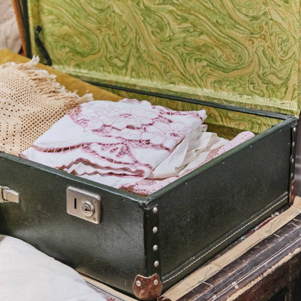 istock An antique white handmade tablecloth with cutwork embroidery in an old suitcase. 1319288780